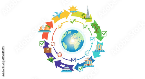 A colorful hybrid infographic illustration for Global Tourism Resilience Day, depicting a globe surrounded by diverse tourist icons and symbols in a circular design.