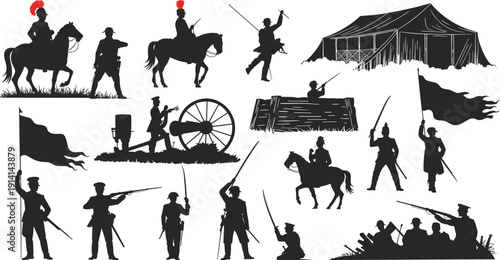 Black vector silhouette set of 19th century soldiers with cavalry officers cannons flags and infantry for historical warfare military battle reenactment and heritage branding,
