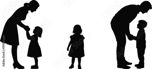 Black vector silhouette set of caring parents bonding with young children and a toddler girl for family lifestyle parenting childcare and childhood development branding,