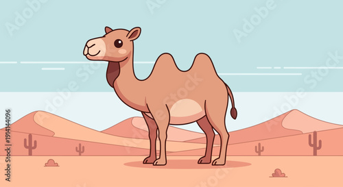 Illustration of a camel standing in a desert landscape with sand dunes and sparse vegetation.