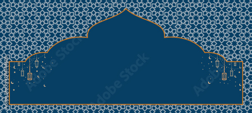 Islamic background with teal geometric pattern and golden lanterns. Arabic mosque silhouette frame for Ramadan, Eid Al-Fitr, and Islamic religious events