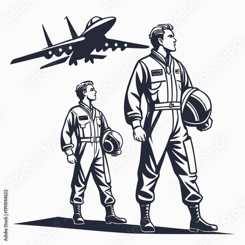 Two fighter pilots with jet flight suits helmets airplane