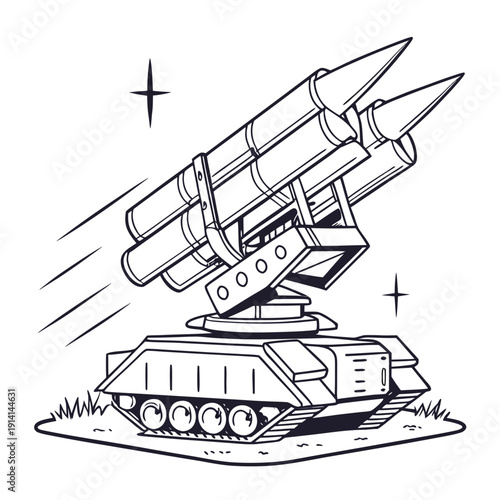 Black and white of a missile launcher on a tank military
