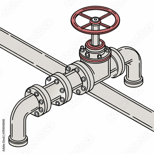 Industrial valve with red wheel and pipe connections