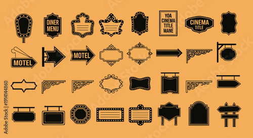 Collection of vintage and retro style black signage and label silhouettes for various uses.