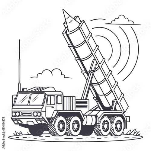 Black and white of a missile launcher truck with a raised missile