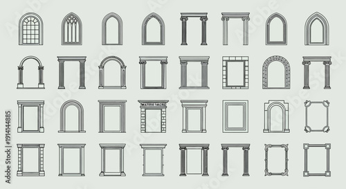 Collection of various classical architectural window and door frame designs in grayscale.
