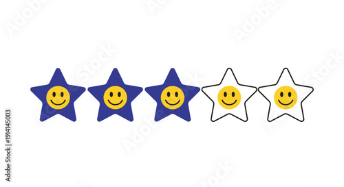 Three Star Rating with Happy Faces on White Background