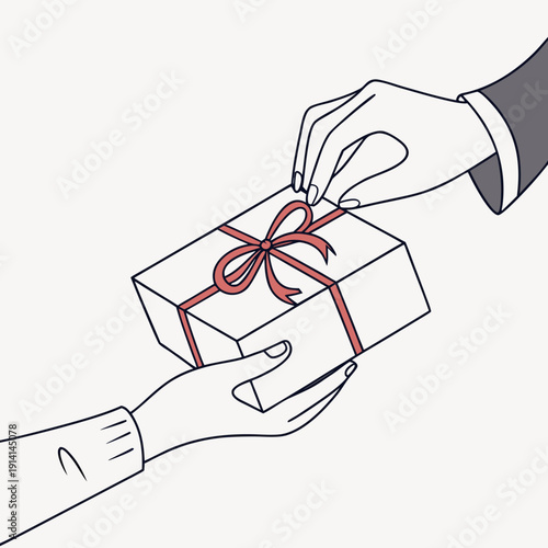 Hands exchanging gift box with red ribbon present