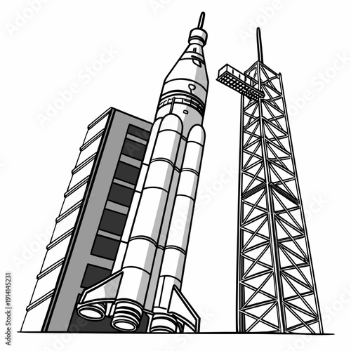 Space Launch Rocket on Launchpad with Service Tower