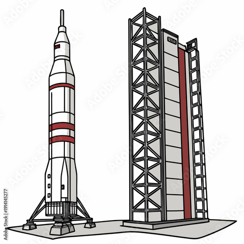 White rocket with red stripes on launchpad next to service tower