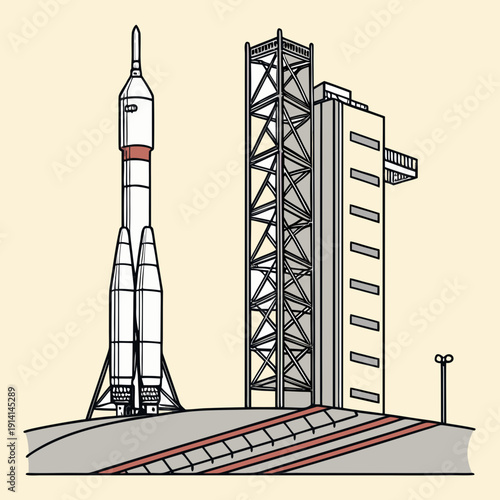 White rocket on launchpad with service tower space