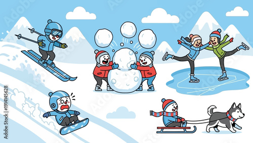 Children enjoying various winter sports and activities like skiing, snowboarding, building a snowman, ice skating, and dog sledding.