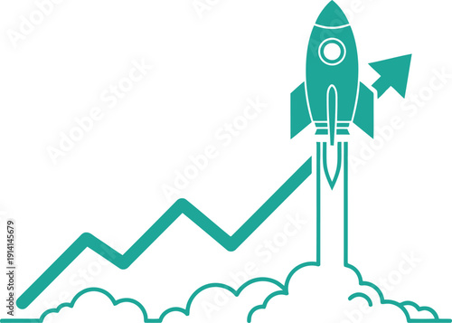 Green rocket launching upward with rising graph line