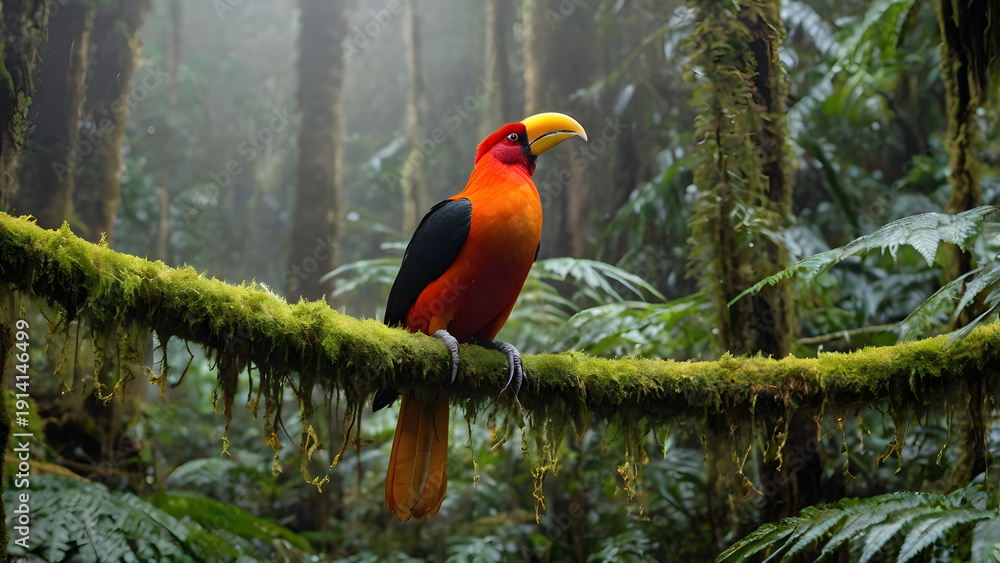Obraz premium a brilliant orange Andean Cock-of-the-Rock flutters and calls from a moss-covered branch.