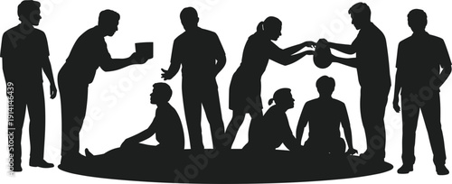 Silhouette group of people interacting in various poses including sitting standing and giving a gift