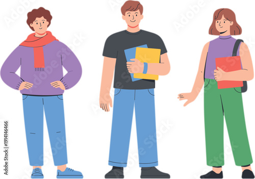 Group of College Students Standing Together Holding Books and Notebooks Casual Young People Education Concept Flat Vector Illustration