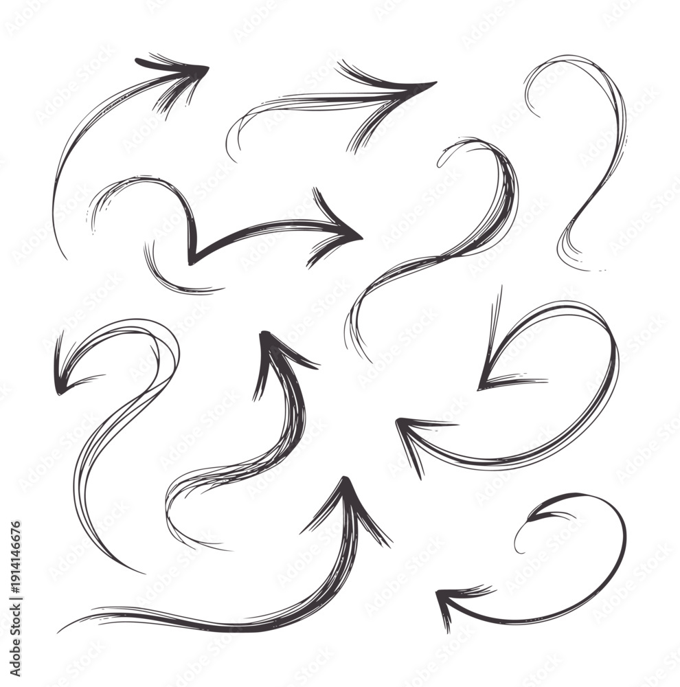 Obraz premium Hand drawn black squiggly arrows set handdrawn curved