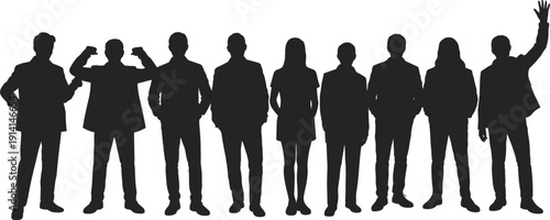 Silhouette of ten people standing in a line with one person waving their hand group