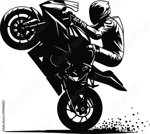 Silhouette of a professional stunt motorcyclist performing a wheelie on a sportbike, extreme motor sports action and high-speed stunt performance.