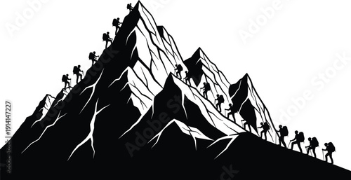 Silhouette of a large group of mountain climbers with backpacks ascending steep, jagged peaks, teamwork and extreme outdoor expedition concept.