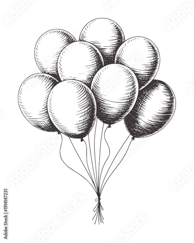 Seven round balloons in a pen and ink style monochrome strings