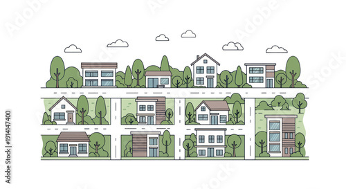 Modern suburban housing illustration with diverse architectural styles and lush greenery