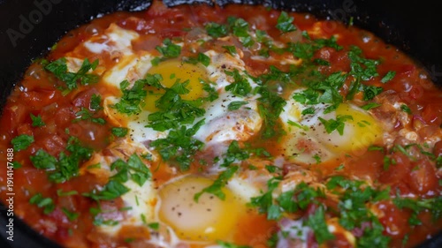 Shakshuka in frying pan for breakfast, close up. Homemade shakshuka from poached eggs, onion, bell pepper, olive oil, red tomato and garlic in a cast iron skillet. Mediterranean cuisine
