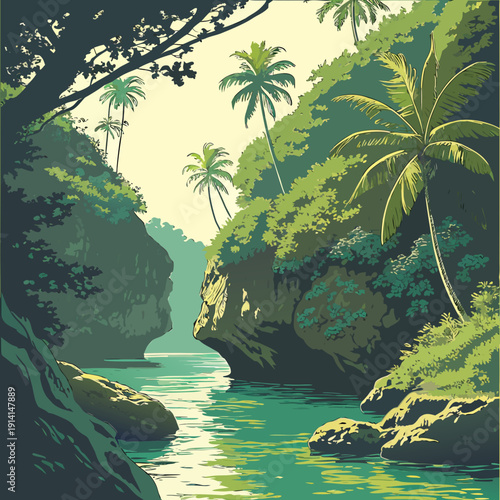 Tropical island rock scene with emerald water and palm trees 1