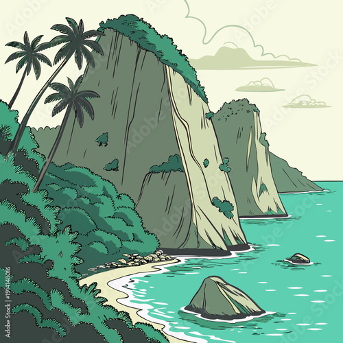 Tropical ocean environment with steep stone cliffs and palm trees