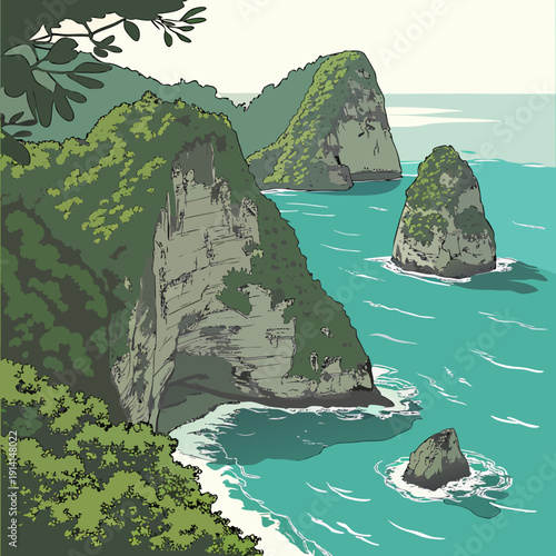 Tropical ocean environment with steep stone formations