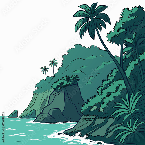 Tropical ocean landscape with island cliffs and vegetation 2
