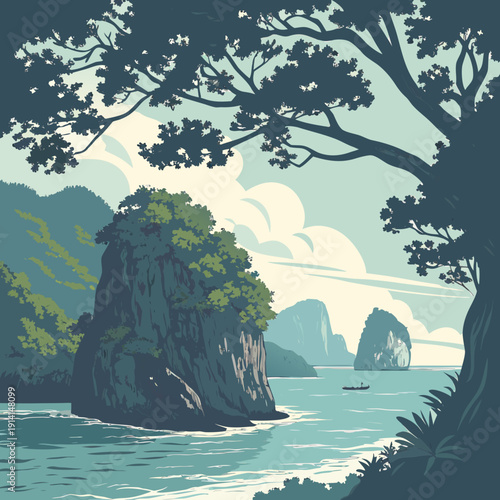 Scenic ocean view with jungle covered limestone cliffs and trees