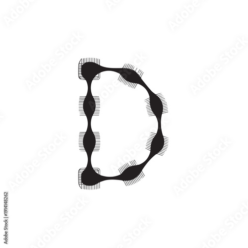 Letter d formed by interconnected microchips or processors in abstract and intricate pattern for technology and computing