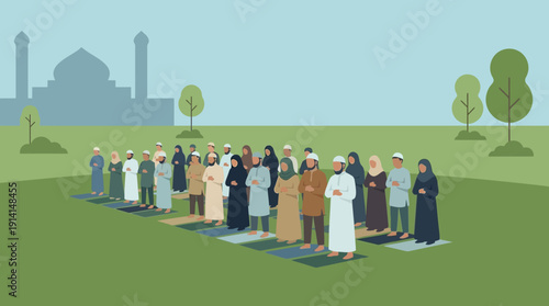 Muslim Community Performing Outdoor Salah Prayer Together, Silhouetted Mosque in Background, Flat Vector Illustration