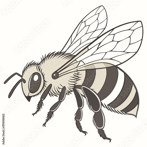 Brown and beige honey bee with fuzzy body and transparent wings