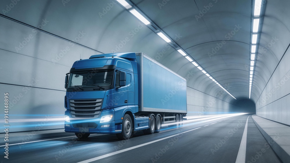 Fototapeta premium Blue truck in tunnel