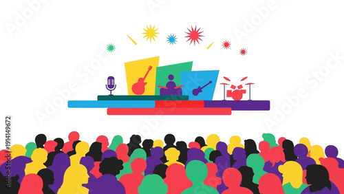 Colorful crowd enjoying a live music concert with a band on stage.