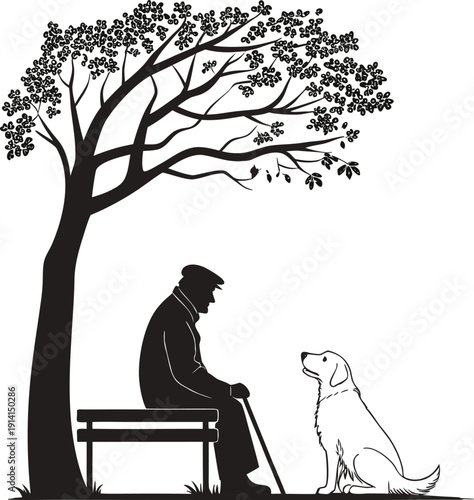 Old man sitting on bench with his dog under a tree vector illustration