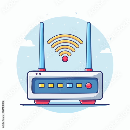 Vibrant cartoon illustration of a home internet router emitting wireless signals for seamless connectivity, perfect for digital communication and network technology concepts