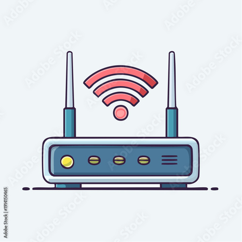 Vibrant vector illustration of a modern wireless internet router actively broadcasting Wi-Fi signals for seamless digital connectivity at home or office