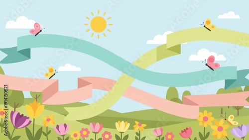 Colorful ribbons flowing through a vibrant spring meadow with blooming flowers and playful butterflies.