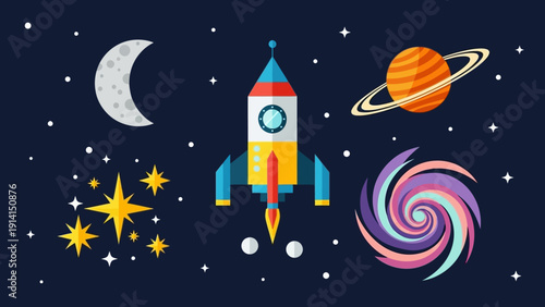 Colorful Space Exploration with Rocket, Planets, Moon, Stars, and Galaxy.