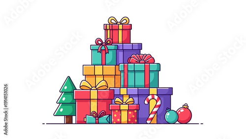 Colorful Stack of Christmas Presents and Holiday Decorations.