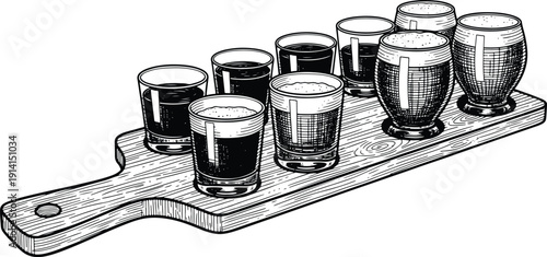 Vintage beer flight tasting board with assorted glasses in detailed black and white engraving style