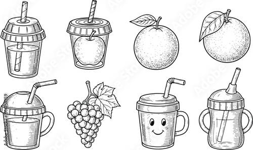 Vintage fruit and juice cups engraving illustration set in detailed black and white line art