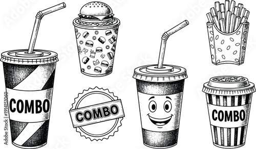 Vintage Engraved Fast Food Combo Cup Fries Illustration Set