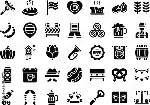 Collection of black and white icons representing traditional german festival food and drinks