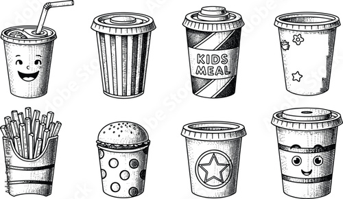 Kids Fast Food Cups and Fries Engraving Illustration Set
