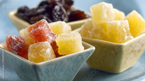 Candied orange cube candied citron cube candied fruit cube sugar coated cube dried fruit bowl close up of candied orange and citron cubes